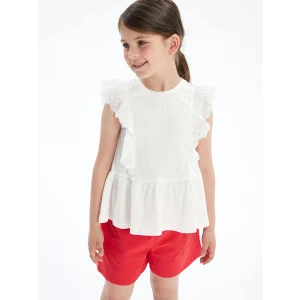 LCW Kids Beyaz Bisiklet Yaka Pileli Kız Çocuk Tişört