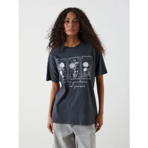 XSIDE Antrasit Bisiklet Yaka Çiçekli Kadın Tişört