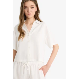 Defacto C3807 Beyaz Oversize Geniş Kalıp Keten Karışımlı Kısa Kollu Beyaz Gömlek