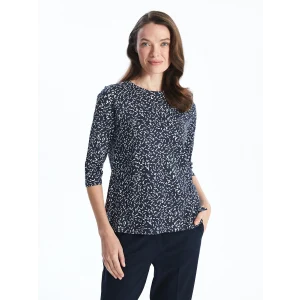 LCW Grace Lacivert Bisiklet Yaka Desenli Kadın Tişört