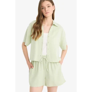 Defacto C3807 Yeşil Oversize Geniş Kalıp Keten Karışımlı Kısa Kollu Gömlek