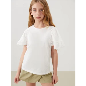 LCW Kids Ekru Bisiklet Yaka Fisto Detaylı Kız Çocuk Tişört