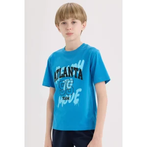 Defacto E0186 Turkuaz Erkek Çocuk Bisiklet Yaka Baskılı Kısa Kollu Tişört