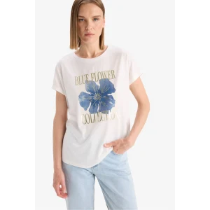 Defacto F5100 Ekru Bisiklet Yaka Çiçekli Kısa Kollu Tişört