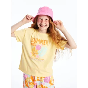 LCW Kids Sari Bisiklet Yaka Baskılı Kısa Kollu Kız Çocuk Tişört ve Şort