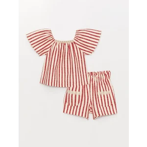 LCW baby Kirmizi Kare Yaka Kısa Kollu Çizgili Kız Bebek Bluz ve Şort 2li Takım