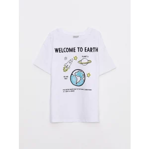 LCW Kids Beyaz Bisiklet Yaka Baskılı Kısa Kollu Pamuklu Erkek Çocuk Tişört