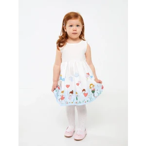 LCW baby Beyaz Bisiklet Yaka Desenli Kız Bebek Elbise