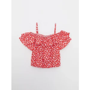 LCW Kids Kirmizi Kayık Yaka Desenli Kısa Kollu Viskon Kız Çocuk Bluz