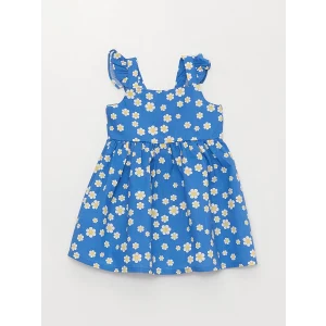 LCW baby Mavi Kare Yaka Desenli Kız Bebek Elbise