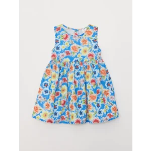LCW baby Mavi Bisiklet Yaka Desenli Kız Bebek Elbise