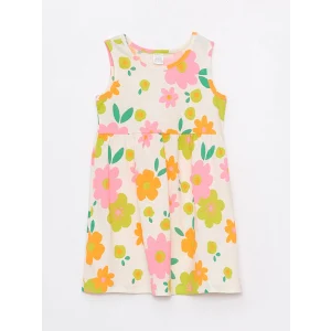 LCW Kids Ekru Bisiklet Yaka Baskılı Kız Bebek Elbise