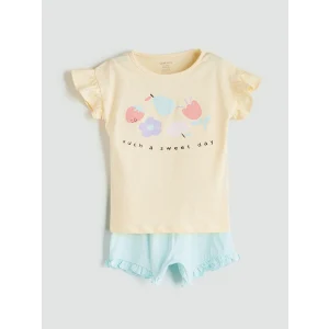 LCW baby Sari Bisiklet Yaka Baskılı Kız Çocuk Tişört ve Şort 2li