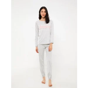 LCW DREAM Gri Bisiklet Yaka Çizgili Uzun Kollu Kadın Pijama Takımı