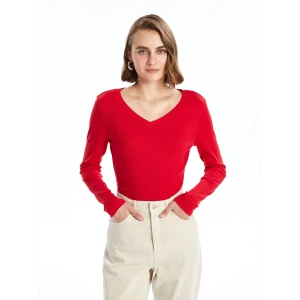 LCWAIKIKI Basic Kirmizi V Yaka Düz Uzun Kollu Kadın Tişört