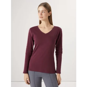 LCWAIKIKI Basic Mürdüm V Yaka Düz Uzun Kollu Kadın Tişört