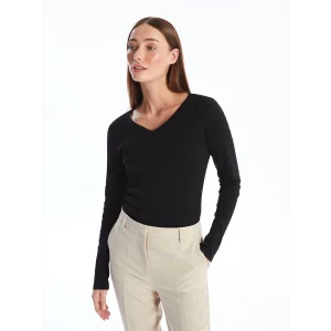 LCWAIKIKI Basic Siyah V Yaka Düz Uzun Kollu Kadın Tişört