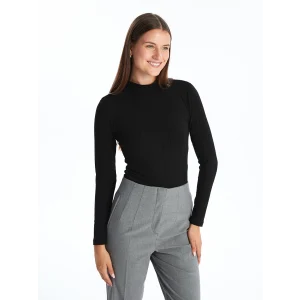 LCWAIKIKI Basic Siyah Dik Yaka Düz Uzun Kollu Kadın Body