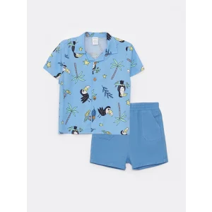 LCW baby Mavi Kısa Kollu Desenli Erkek Bebek Gömlek ve Şort 2li Takım