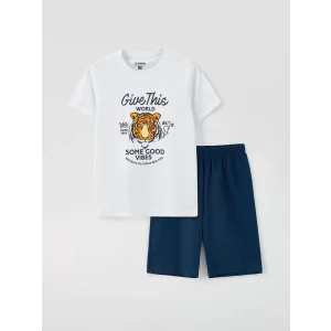 LCW Kids Beyaz Bisiklet Yaka Baskılı Kısa Kollu Erkek Çocuk Şortlu Pijama Takımı