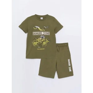 LCW Kids Haki Bisiklet Yaka Baskılı Kısa Kollu Erkek Çocuk Tişört ve Şort