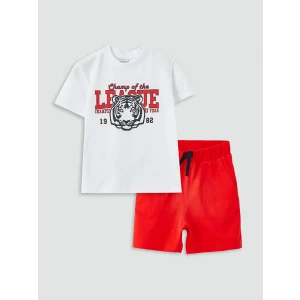 LCW Kids Beyaz Bisiklet Yaka Baskılı Kısa Kollu Erkek Çocuk Tişört ve Şort