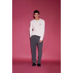 Defacto E6833 Ekru Pijama Takımı Baskılı Uzun Kollu Üst Uzun Alt