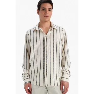 Defacto E0302 Ekru %100 Pamuk Relax Fit Çizgili Uzun Kollu Gömlek