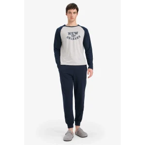 Defacto E0496 Gri Regular Fit Pijama Takımı Baskılı Uzun Kollu Üst Uzun Alt