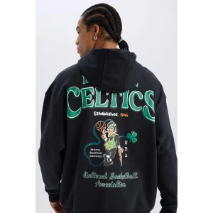 Defacto D6690 Siyah DeFactoFit NBA Boston Celtics Oversize Geniş Kalıp Kapüşonlu Sırt Baskılı Kalın Sweatshirt