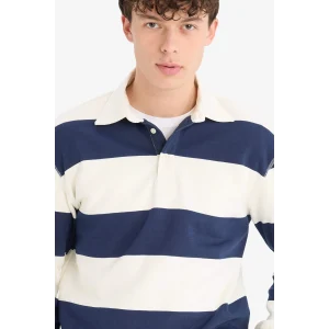 Defacto D7478 Lacivert Relax Fit Polo Yaka Çizgili Kalın Sweatshirt