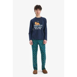 Defacto E0515 Lacivert Garfield Pijama Takımı Regular Fit Uzun Kollu Üst Esnek Belli Uzun Alt