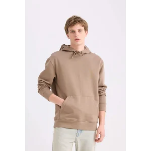Defacto X8283 Kahve Regular Fit Kapüşonlu Kanguru Cepli İçi Yumuşak Tüylü Basic Düz Sweatshirt
