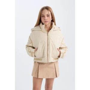 Defacto D6931 Bej Kız Çocuk Su İtici Kapüşonlu Fermuarlı Cepli Mont