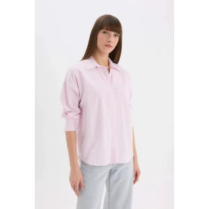 Defacto D4512 Pembe Oversize Geniş Kalıp Çizgili Oxford Uzun Kollu Gömlek