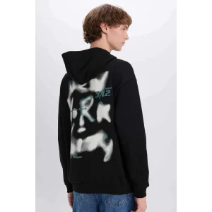 Defacto D8021 Siyah Boxy Fit Kapüşonlu Sırt Baskılı Sweatshirt