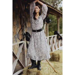 Defacto E7169 Bej Fırfırlı Yaka Etnik Desenli Şifon Uzun Kollu Midi Elbise