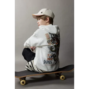 Defacto D8495 Beyaz Erkek Çocuk Oversize Geniş Kalıp Kapüşonlu Sırt Baskılı Sweatshirt