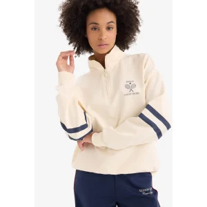 Defacto D7132 Ekru DeFactoFit Oversize Geniş Kalıp Yarım Fermuarlı Baskılı Sporcu Sweatshirt