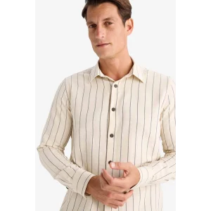 Defacto D6146 Ekru Regular Fit Çizgili Pamuklu Uzun Kollu Gömlek