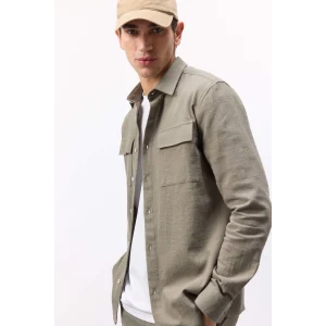 Defacto D6149 Haki %100 Pamuk Regular Fit Polo Yaka Uzun Kollu Keten Görünümlü Gömlek