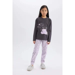 Defacto E0532 Antrasit Kız Çocuk Pijama Takımı Baskılı Uzun Kollu Üst Esnek Belli Desenli Uzun Alt