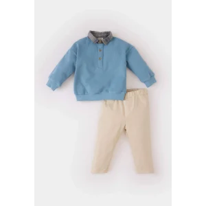 Defacto E0321 Mavi Erkek Bebek 2li Takım Gömlek Yaka Sweatshirt Beli Lastikli Alt