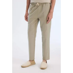 Defacto Z6475 Haki %100 Pamuk Keten Görünümlü Yazlık Jogger Pantolon Dar Paça Beli Bağcıklı Lastikli Cepli