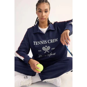 Defacto D7131 Lacivert DeFactoFit Oversize Geniş Kalıp Polo Yaka Baskılı Sporcu Sweatshirt