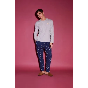 Defacto E5889 Gri Pijama Takımı Baskılı Uzun Kollu Üst Esnek Belli Uzun Alt