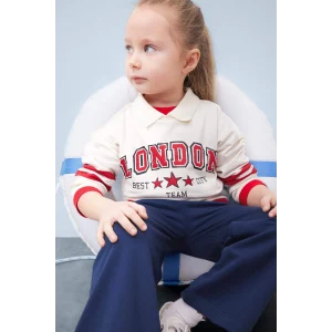 Defacto D7874 Ekru Kız Bebek 2li Takım Polo Yaka Baskılı Sweatshirt Beli Lastikli Geniş Bol Paça Eşofman Altı