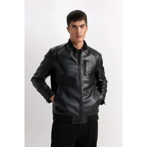 Defacto D6245 Siyah Su İtici Bomber Mont Ceket Suni Deri Kolej Yaka Fermuarlı Cepli Mevsimlik