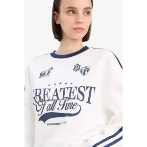 Defacto D5957 Beyaz Coool Oversize Geniş Kalıp Bisiklet Yaka Baskılı Kalın Kumaş Sweatshirt