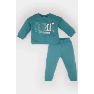 Defacto D7909 Mavi Erkek Bebek 2li Takım Bisiklet Yaka Baskılı Sweatshirt Beli Lastikli Eşofman Altı